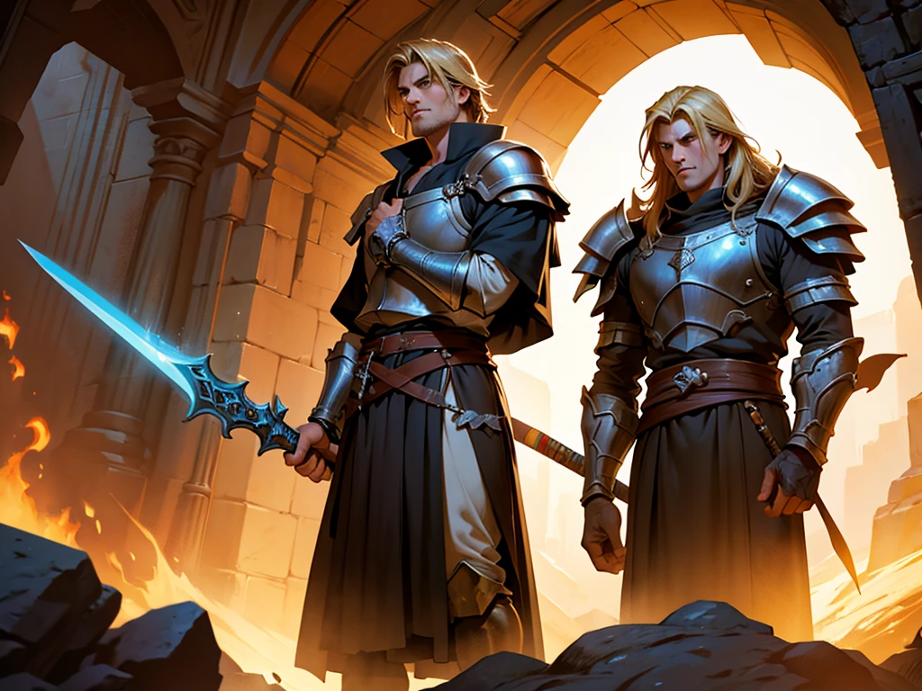 a man holding a sword in a dark room, a dark cave, the art of Edwards poster, jeff easyley dramatic light, Jeff Easley cinematic, por Jeff Easley, portrait of he man, Fantasyart, portrait painting of he man, Marco Schultz, he man, inspirado em Clyde Caldwell, dragon spear illustration, adult man, blond, hair flying, stark, knight, full body, medieval fantasy, looking straight ahead, high resolution, 4k resolution, warm hues, 