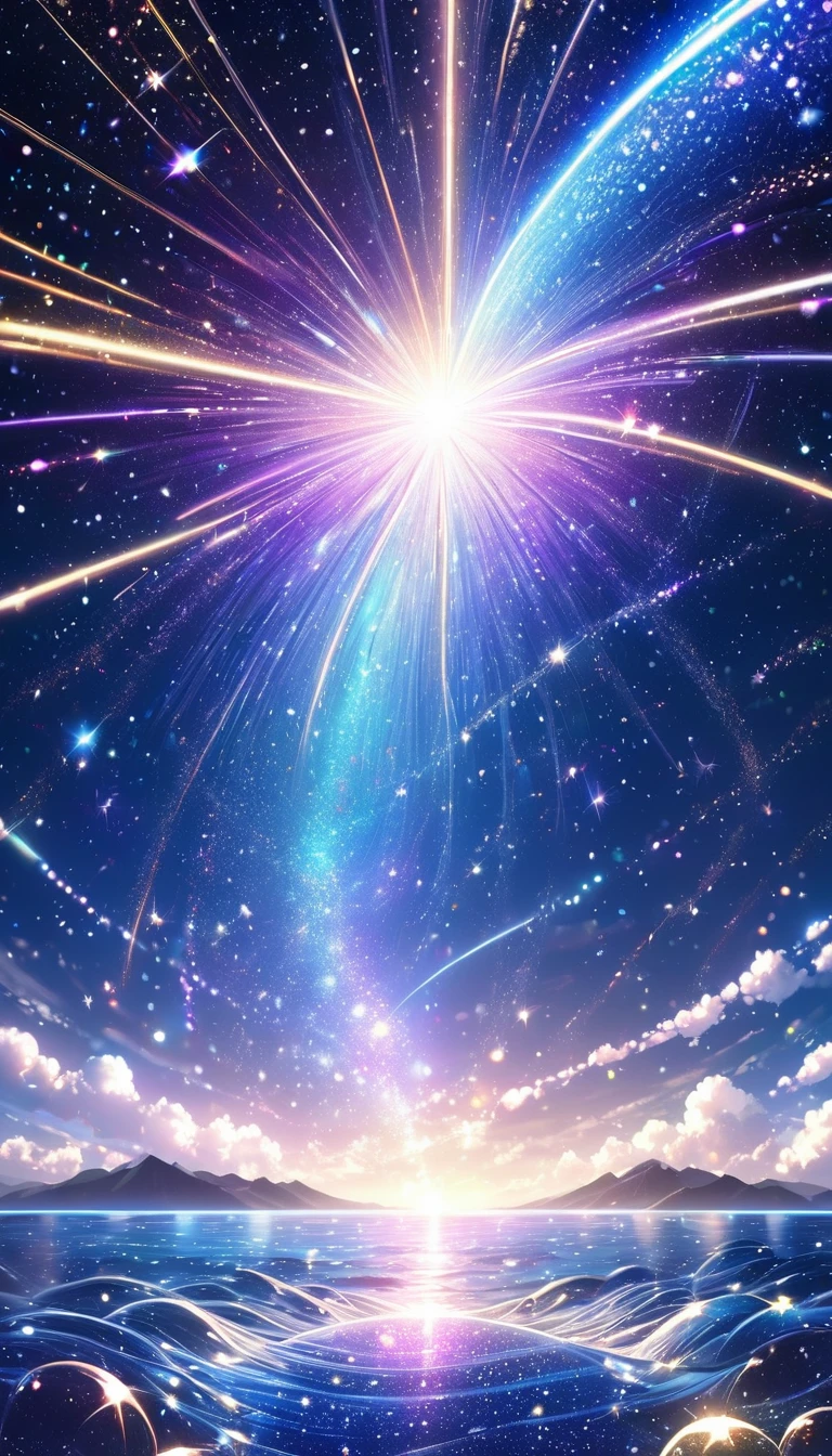 starry sky, sea of ​​stars, galaxy, iridescent star dust, rays line effects, glitter effects, conceptual installation fantasy art, (ultra detailed, absolutely resolution, best quality:1.3), 2.5D, delicate and dynamic, artistic, hyper, graphic CG digital art
