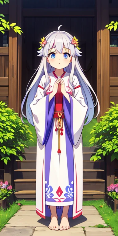 Full body, beautiful eyes , 1 girl  , full body , cute girl , anime style , cute eyes  , (standing up) , (Elder Hana is a small, elderly woman with long, silver hair that flows down her back, often adorned with flowers or leaves. She wears traditional robes made from natural fibers, decorated with symbols of nature and the spirits. Her eyes are deep and wise, reflecting her vast experience and knowledge.

Elder Hana is a beloved and essential figure in Bambusa Village, embodying the spiritual heart of the community and serving as a guiding light in the ever-changing world of Archipela.) , 