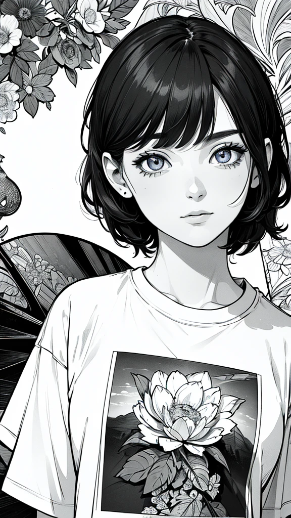(hyperrealistic), (8K), (extremely detailed), (best illustration), (beautiful detailed eyes), (best quality), (ultra-detailed), (masterpiece), (wallpaper), (detailed face), solo, (t-shirt:1.3), looking at the audience, exquisite details, short hair, black hair, closed mouth, bangs,