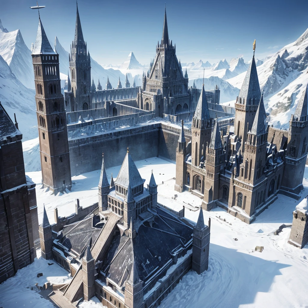 A city with a British-style United Kingdom from the 1918s with buildings made of ice and a pyramid castle in the center. ( with all the details of a castle but in the shape of a pyramid) and also made of ice with snow landscape and ice with snow mountains