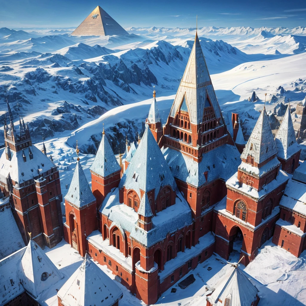 A city with a British-style United Kingdom from the 1918s with buildings made of ice and a pyramid castle in the center. ( with all the details of a castle but in the shape of a pyramid) and also made of ice with snow landscape and ice with snow mountains