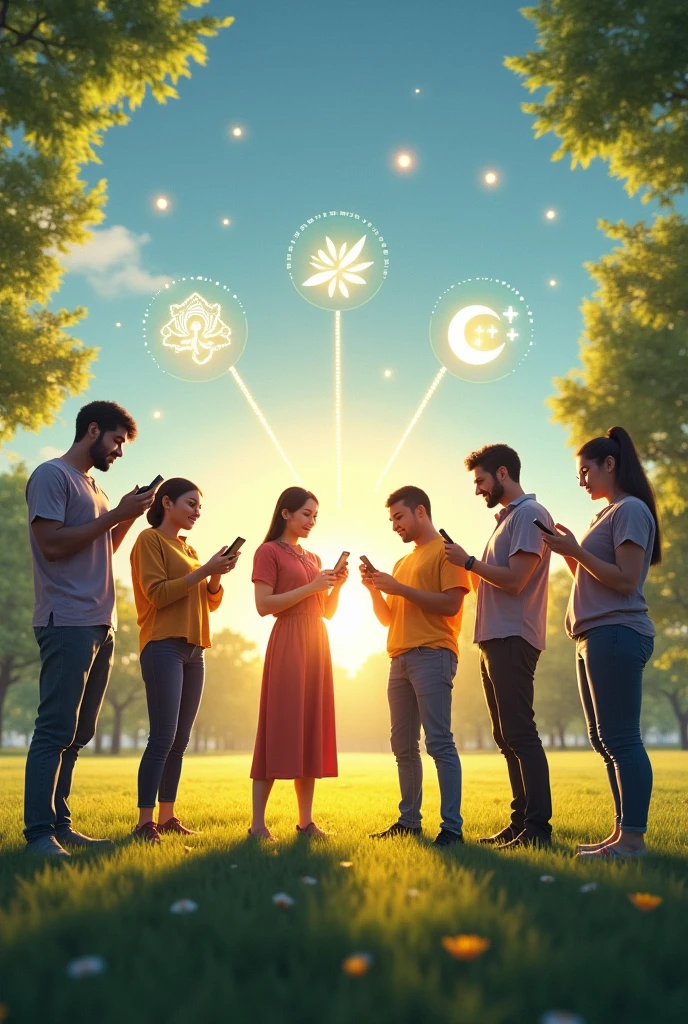People forming a circle, using devices surrounded by symbols of value such as honesty, respect and empathy