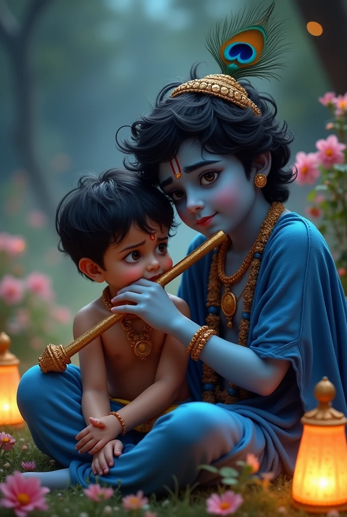 Create a image of a sad boy who lap of loard Krishna