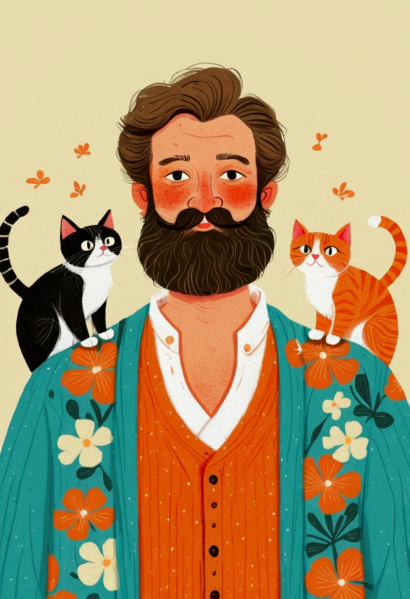 there is a man with a beard,There is a cat on the chest, Wear with a Hawaiian shirt, illustration | Rutkowski, #illustration, funny illustration, in style of digital illustration, tom richmond illustration, illustration, Imitating Corey Loftis, Juster Battle, stylized digital illustration, author:Paul Bird (Paul Bird), fabulous illustrations, author:Oswaldo Viteri, illustration画家