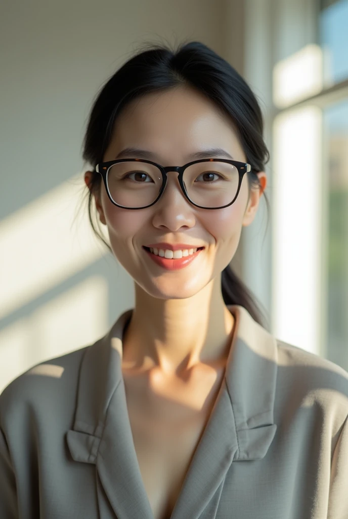 A middle-aged, pale-skinned, naked Japanese woman wearing glasses。Smiling and facing forward。He has black hair combed back。