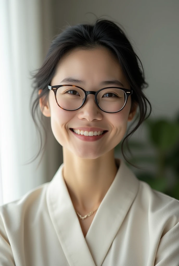 A middle-aged, pale-skinned, naked Japanese woman wearing glasses。Smiling and facing forward。He has black hair combed back。
