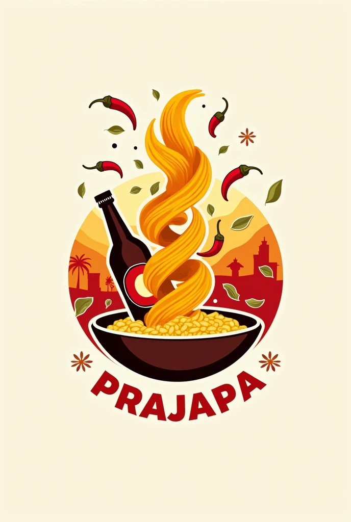 create a logo for a restaurant with oriental characteristics, Italian pasta dough, Indian spices, Brazilian family, store name written "PraJapa" and bottle of beer