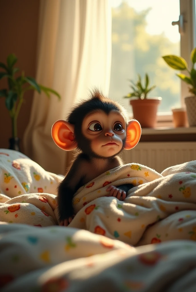 A little monkey despairs from the severity of the pain. He wakes up from sleep and looks forward. He is covered in a sleeping blanket in bed. The full picture, with precise details.