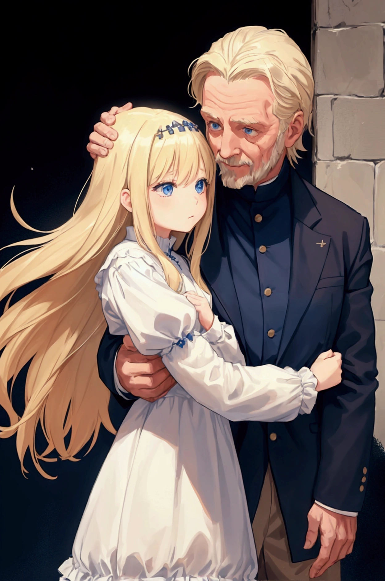 A girl of about with blonde hair and blue eyes is hugged by an old man. He surrounds her with his arms and in the center between his hands he has a cross.. The characters are the protagonists Cosette and Jean Valjean from the book Les Misérables