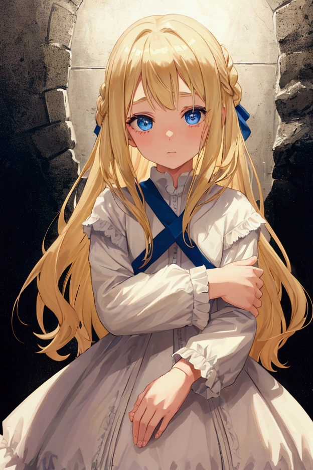 A girl of about 6 years old with blonde hair and blue eyes is hugged by an old man. He surrounds her with his arms and in the center between his hands he has a cross.. The characters are the protagonists Cosette and Jean Valjean from the book Les Misérables