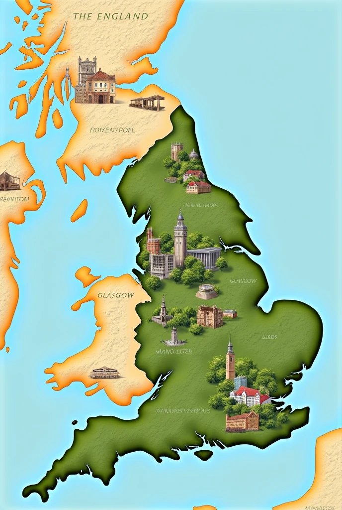 Generate a map of England and locate the following cities: Birmingham, Glasgow, Leeds, Liverpool, Manchester, Sheffield, Wolverhampton