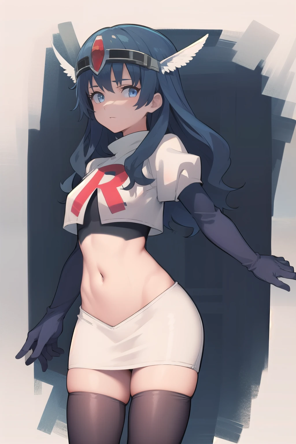 best quality, (masterpiece:1.2), illustration, absurdres,
(1girl, solo),  (beautiful detailed girl), 
blue hair, long hair, wavy hair, blue eyes, medium breasts,
winged visor, wing ornament, team rocket,team rocket uniform,white skirt,red letter R,crop top,black thigh-highs,black elbow gloves, looking at viewer,
magical forest, flowers, sky, clouds
