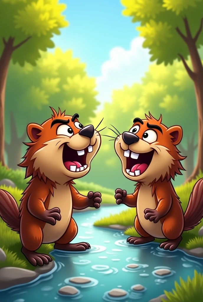 Draw a beaver very angry with another beaver who is happy in cartoon style as a drawing
