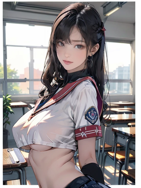 (8k,Photorealistic, masutepiece, Best Quality, Raw photo:1.3)、1girl in, 18years old,Solo,school girl, Long hair, Brown hair, Detailed beautiful face, alluring face, (Detailed beautiful brown eyes:1.2), big breasts,(underboob:1.3),(coverd nipples:1.1),(loos sailer uniform :1.35), ( Perfect body skinny beauty: 1.4),( temptation Pose:1.3), (Looking at Viewer, front view,eyes focus:1.2), Detailed background, (sunset:1.2), classroom,fine detailed, intricate detailes,  Ray tracing, depth of fields, seductive smile,classroom,