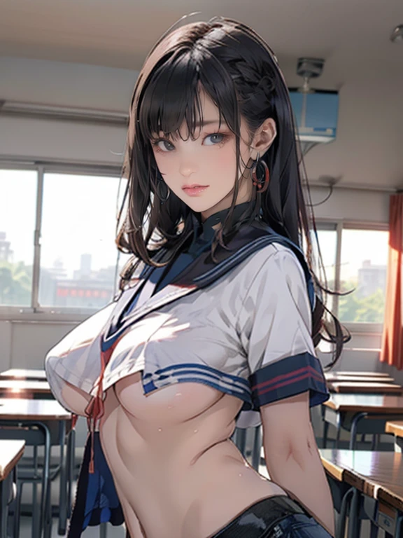 (8k,Photorealistic, masutepiece, Best Quality, Raw photo:1.3)、1girl in, 18years old,Solo,school girl, Long hair, Brown hair, Detailed beautiful face, alluring face, (Detailed beautiful brown eyes:1.2), big breasts,(underboob:1.3),(coverd nipples:1.1),(loos sailer uniform :1.35), ( Perfect body skinny beauty: 1.4),( temptation Pose:1.3), (Looking at Viewer, front view,eyes focus:1.2), Detailed background, (sunset:1.2), classroom,fine detailed, intricate detailes,  Ray tracing, depth of fields, seductive smile,classroom,