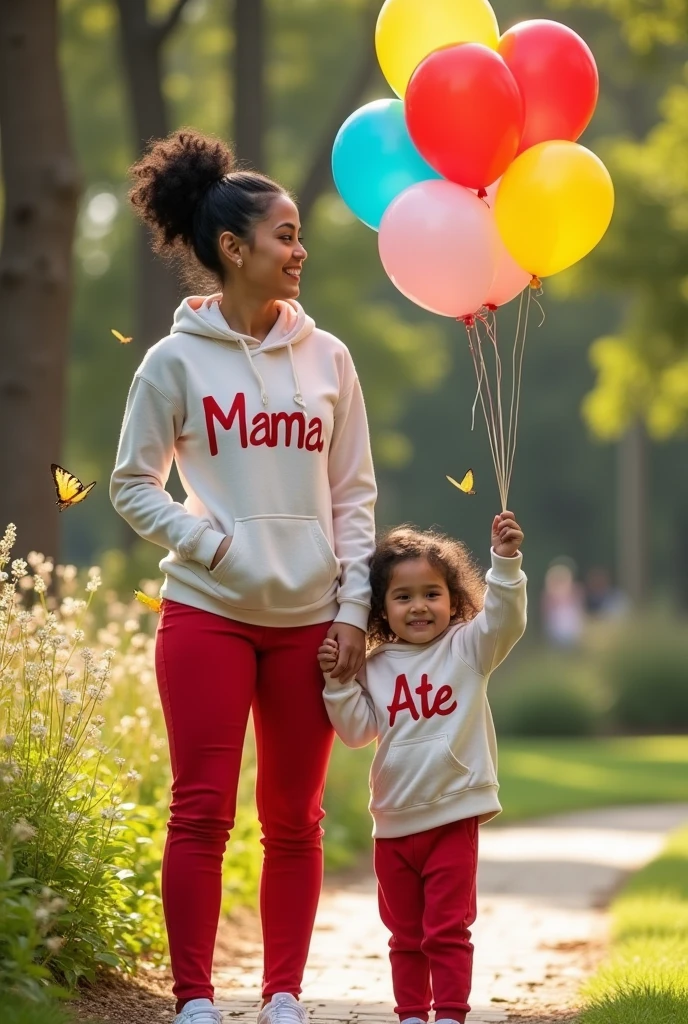 Real Pinay women beautiful with hoodies red pants shoes printed name "mama" and daughter girl with hoodies red pants shoes printed name "Ate" with flowers baloons butterflies standing