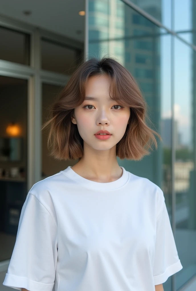 Wolf Hairstyles、Diamond Hairstyle、Layered hairstyle、Light hairstyle、Inward curled hair、Semi-long hairstyle that reaches below the collarbone、Very bright natural light、In front of a luxury building、White T-shirt、K POPアイドル風な顔、Natural Makeup、Ash brown hair color、Adult atmosphere