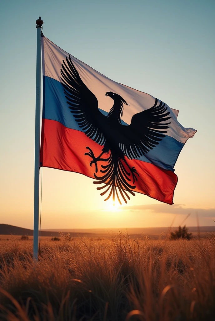 White blue and red flag with a black phoenix