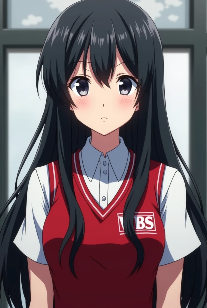 An anime girl, student council president, WBS logo in uniform, short sleeve, red vest, cold expression, super long black hair, matured face, cool, serious, close up face, cold eyes