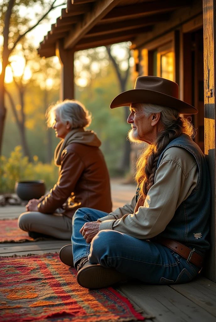 An old woman tells a story to a Cowboy Man and the old woman braids his hair