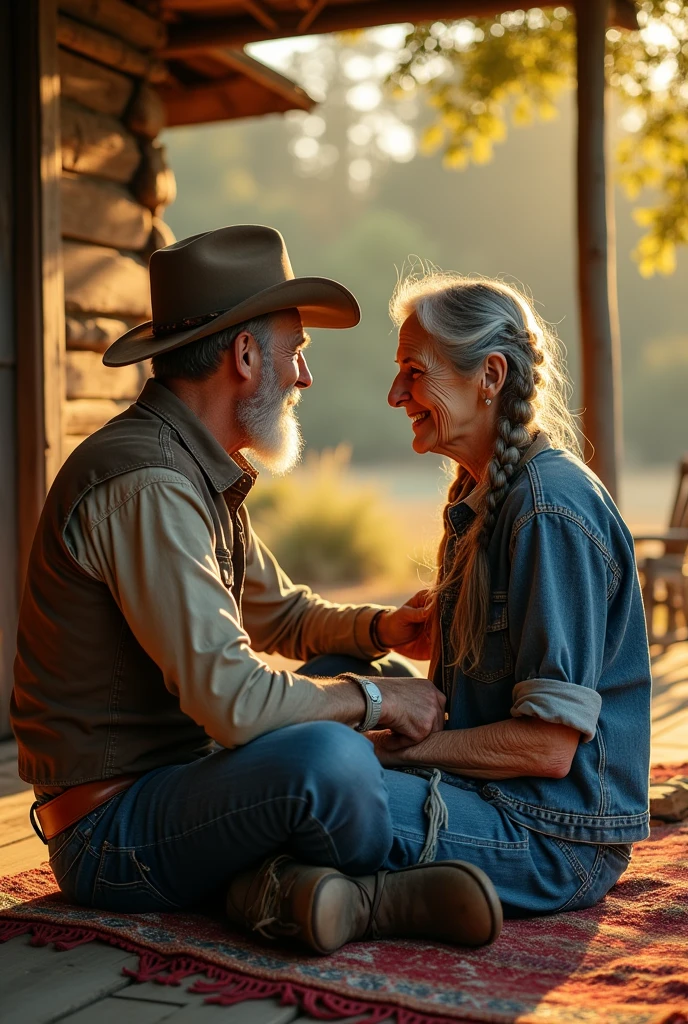An old woman tells a story to a Cowboy Man and the old woman braids his hair