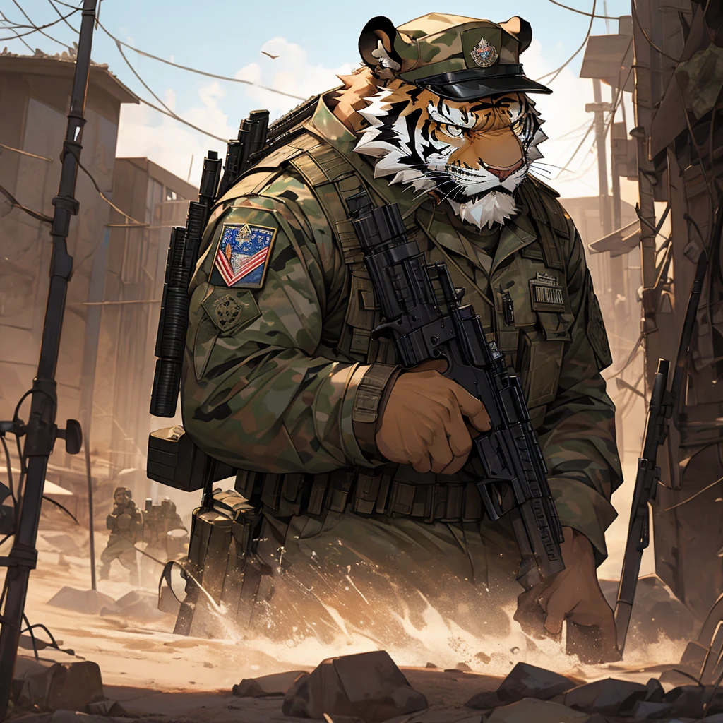a muscular soldier holding an m4 rifle, military base, highly detailed, 8k, unreal engine, realistic lighting, military uniform, tactical gear, assault rifle, outdoor military base, barbed wire, military vehicles, military equipment, Camouflage, gritty, heroic pose, intense expression, photorealistic, cinematic composition, dramatic lighting holding rifle M4,Alert Tiger,Leaning against the chariot