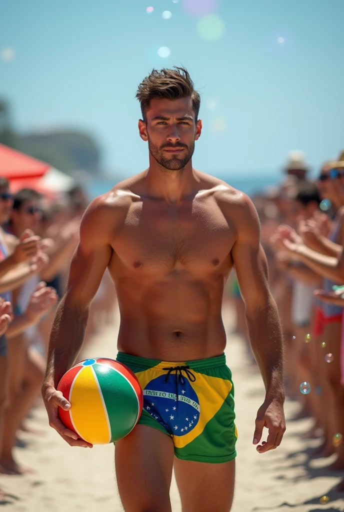 young, beautiful, elegant, white, skinny, elegant shirtless face standing, ,sin remera en la playa boxer de bandera brasil con una pelota playera en la mano mientras muchos publico le aplaude y celebra con muchas burbuja en su alrrededor pasarela masculina hombre guapo piel white