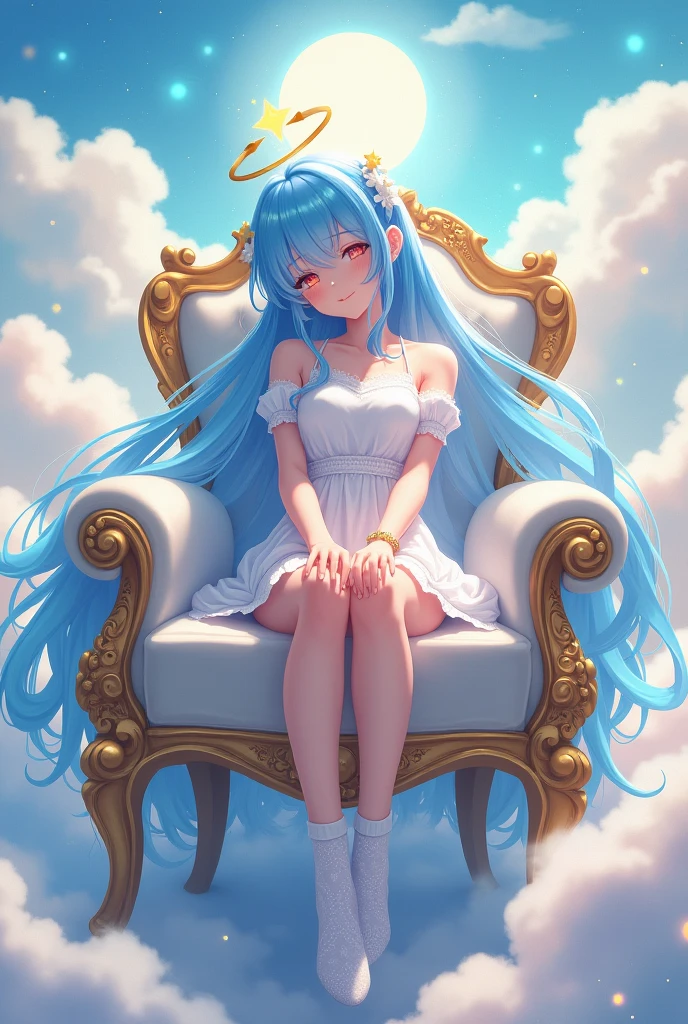 a anime girl with blue hair and a halo and perfect white chlotes from the heeavens and she is sitting in a perfect chlothes cross legged on a chair and she is wearing a white skirt from the heavens and she is wearing perfect socks
from the heavens