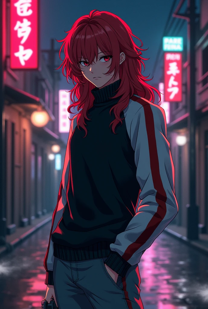 Create an anime illustration of an 18-year-old hitman with long, curly red hair and bangs between his eyes, tired look, skin fair, a black sweater with a high collar and white sleeves with red stripes and gray pants