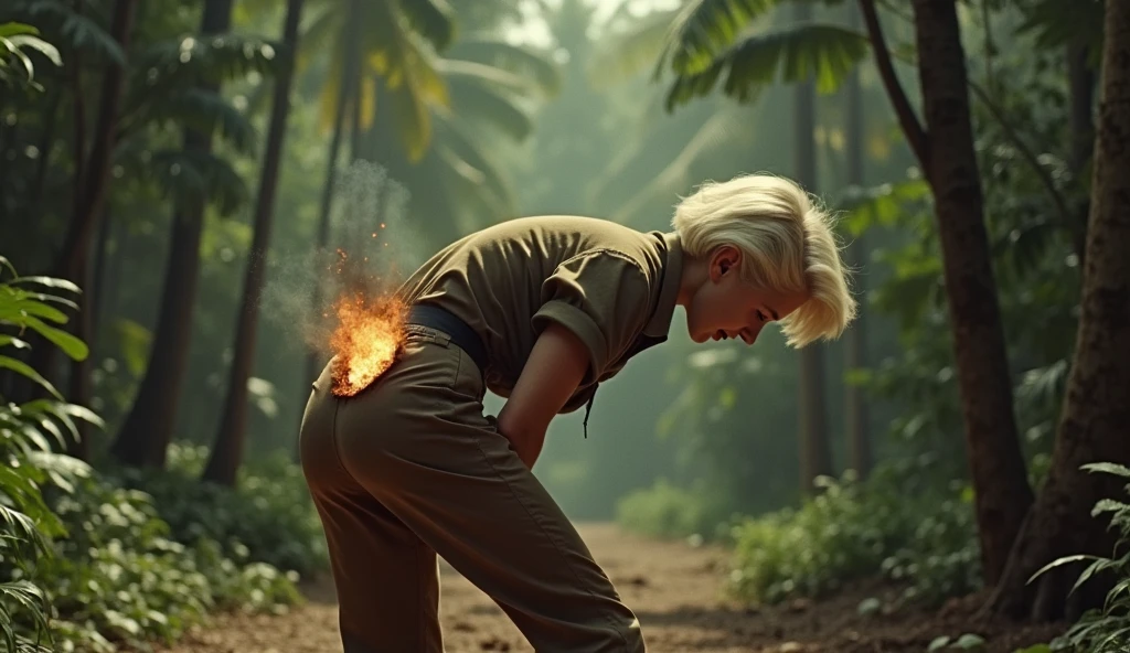 We see her from behind, , We also see his face , Big butt , We see her from behind, A hilarious cinematic scene from the 1940s features a young actress, resembling Doris Day, dressed as a poacher in the heart of the jungle. She is bent over, wearing long pants and a hunter's shirt, holding a rifle, and has a big hole in her pants with charred marks and smoke emanating from her rear. With her platinum blonde hair short and sleek, she appears to be around 30 years old. In a moment of slapstick comedy, she screams in pain, eyes and mouth wide open, revealing the massive hole in her pants from a shotgun accident. The scene is captured in stunning 4K high definition, with the jungle as a backdrop and a comedic tone throughout., close-up