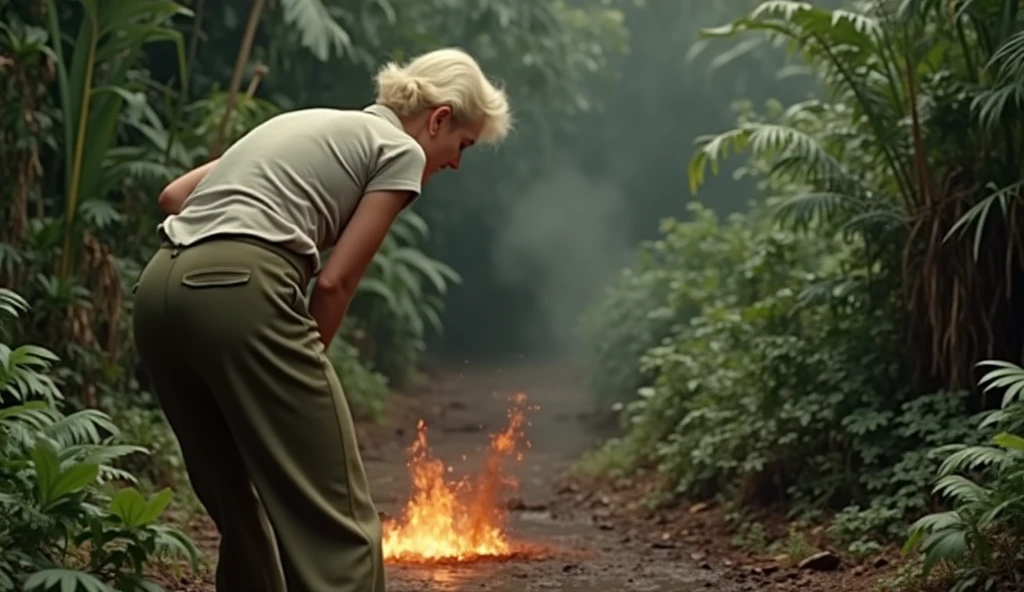 We see her from behind,  , We also see his face , Big butt , We see her from behind, A hilarious cinematic scene from the 1940s features a young actress, resembling Doris Day, dressed as a poacher in the heart of the jungle.  She is bent over, wearing long pants and a hunter's shirt, holding a rifle, and has a big hole in her pants with charred marks and smoke emanating from her rear.  With her platinum blonde hair short and sleek, she appears to be around 30 years old.  In a moment of slapstick comedy, she screams in pain, eyes and mouth wide open, revealing the massive hole in her pants from a shotgun accident.  The scene is captured in stunning 4K high definition, with the jungle as a backdrop and a comedic tone throughout., close-up 