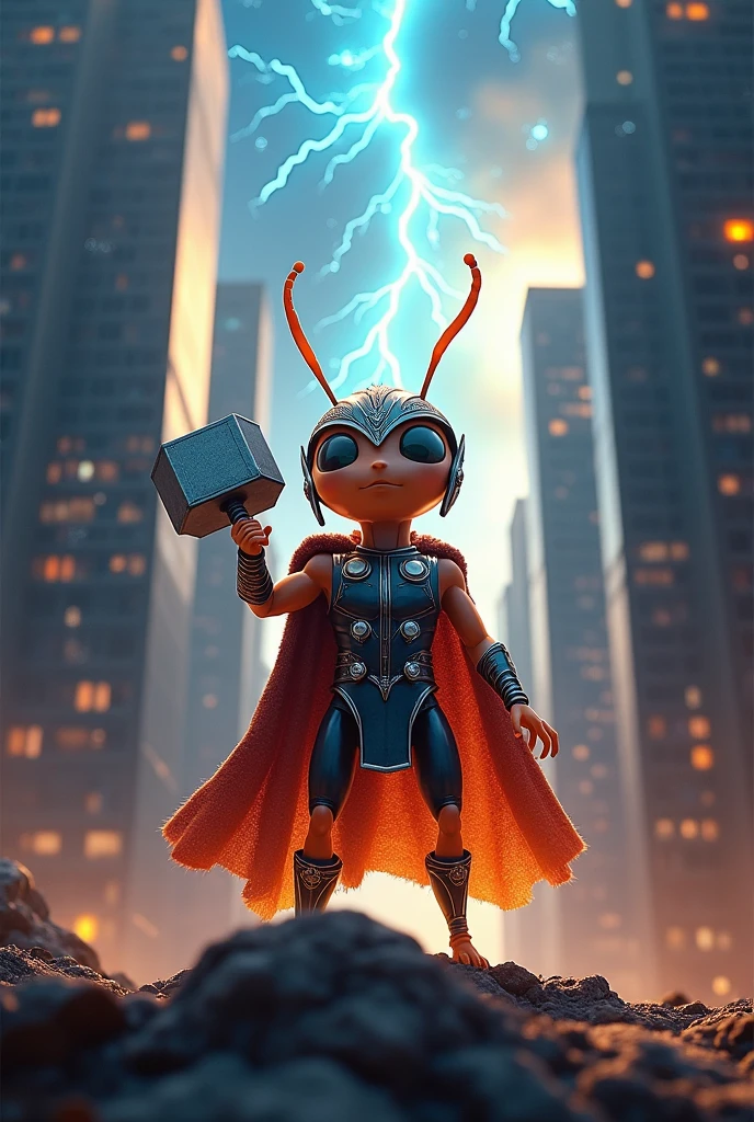 Ant in thor costume as a king of universe traveling for destroying another universe between sky scrappers