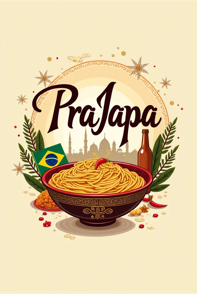 create a logo for a restaurant with oriental characteristics, Italian pasta dough, Indian spices, Brazilian family, store name written "PraJapa" and bottle of beer