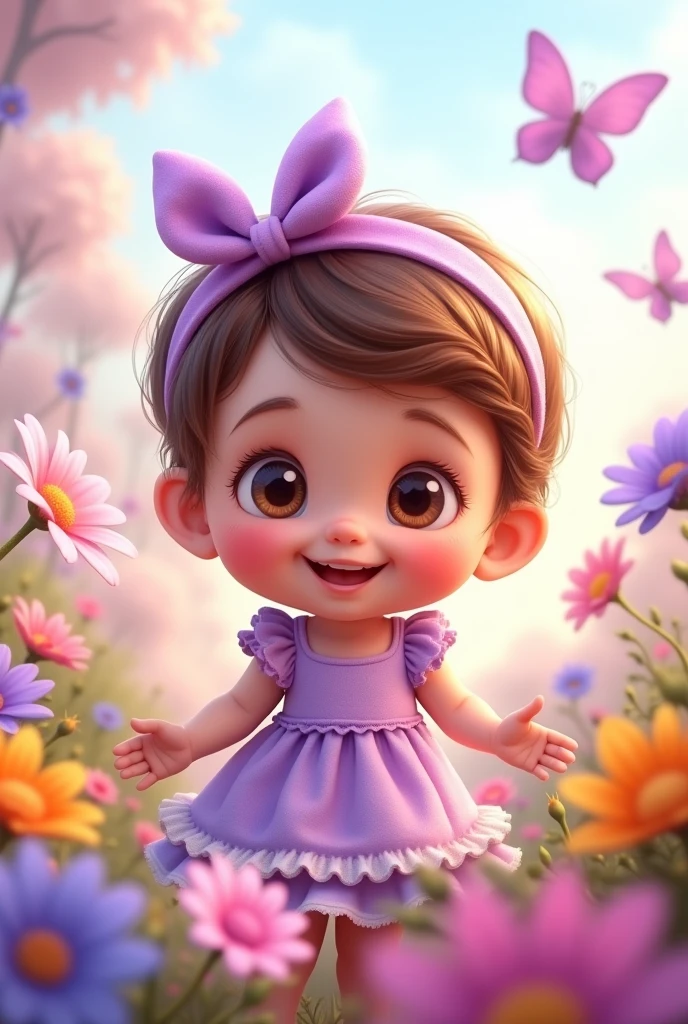 girl with tiny brown hair, with lilac dress and lilac headband, animated cartoon