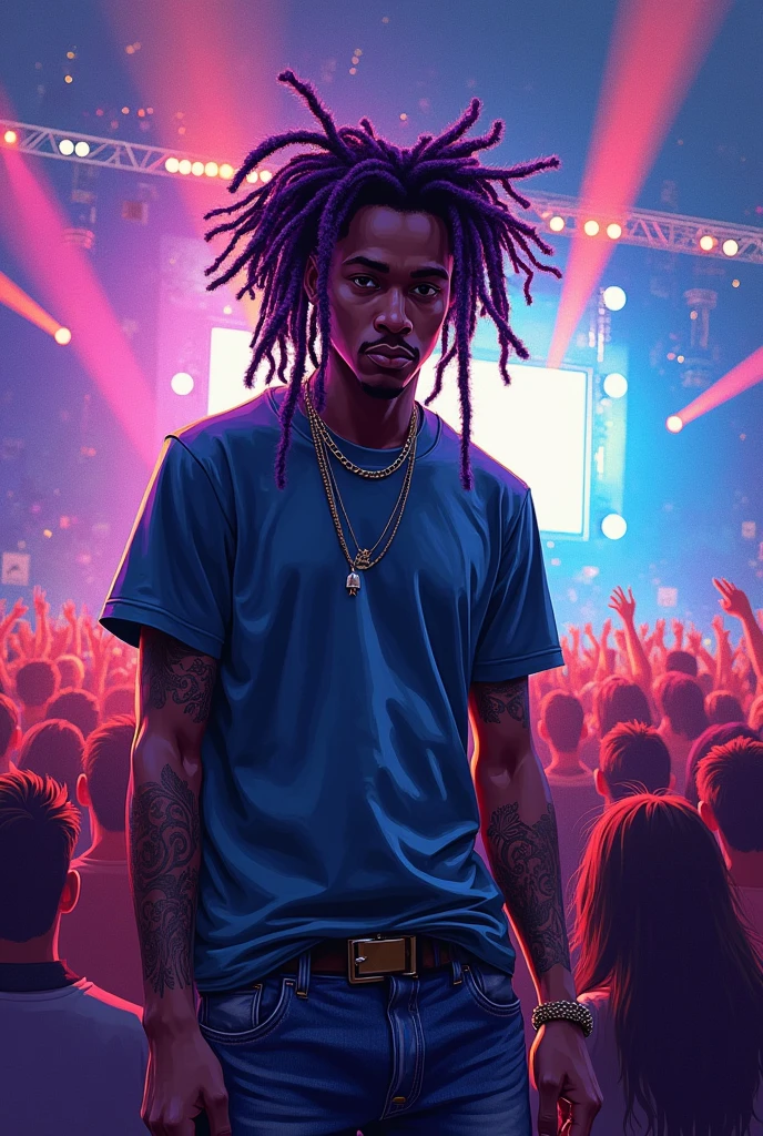 Create a young trapper, with stylish purple dred, sem T-shirt, singing at a concert, in the van gogue style