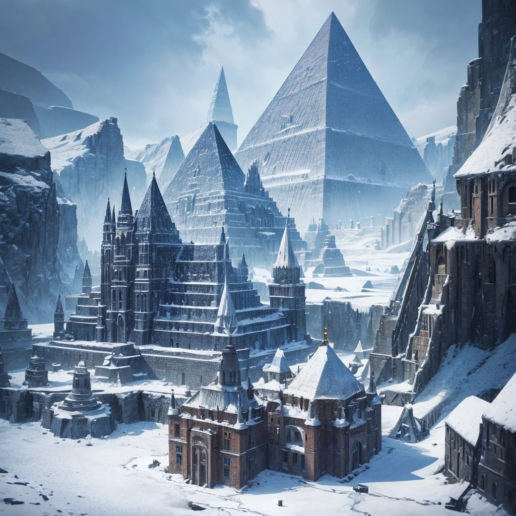 Large city with British style from the United Kingdom of the years 1918 with buildings made of ice that in the center there is a pyramid castle ( with all the details of a castle but in the shape of a pyramid) and also made of ice with snow landscape and ice with snow mountains