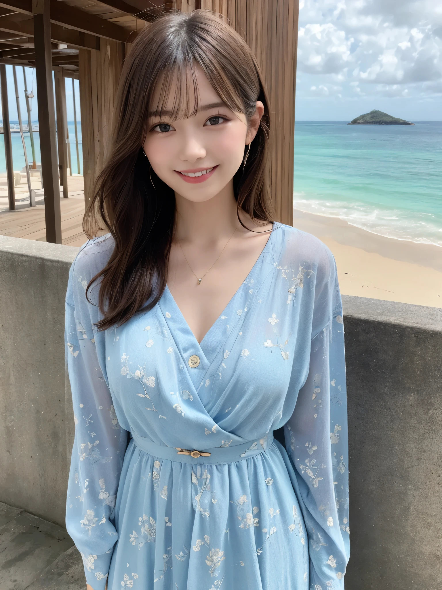1girl, solo, highres, best_quality, masterpiece, detailed_background, intricate_details, beautiful, okinawa, kouri_island, ocean_view, bridge, summer_clothes, casual_clothes, smile, looking_at_viewer, dynamic_pose, natural_pose, candid, happy