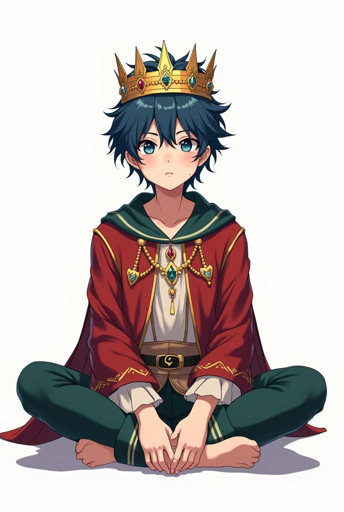 Anime adult Boy sitting cross-legged with a crown and white background