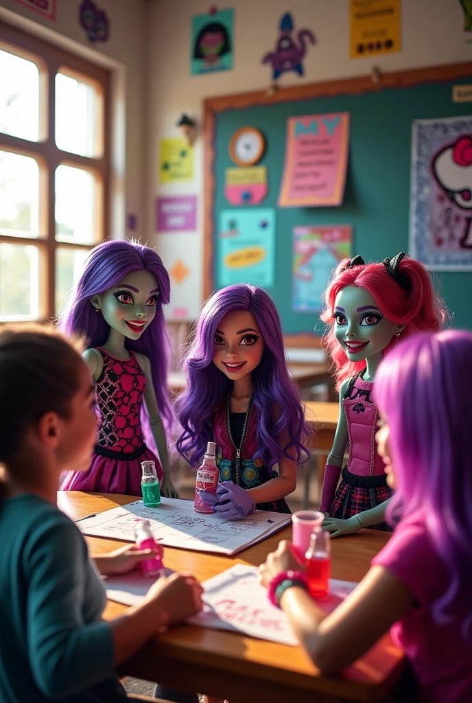 Give me a picture of Monster High where you can see them up close and where they are taking care of or playing with children at school.