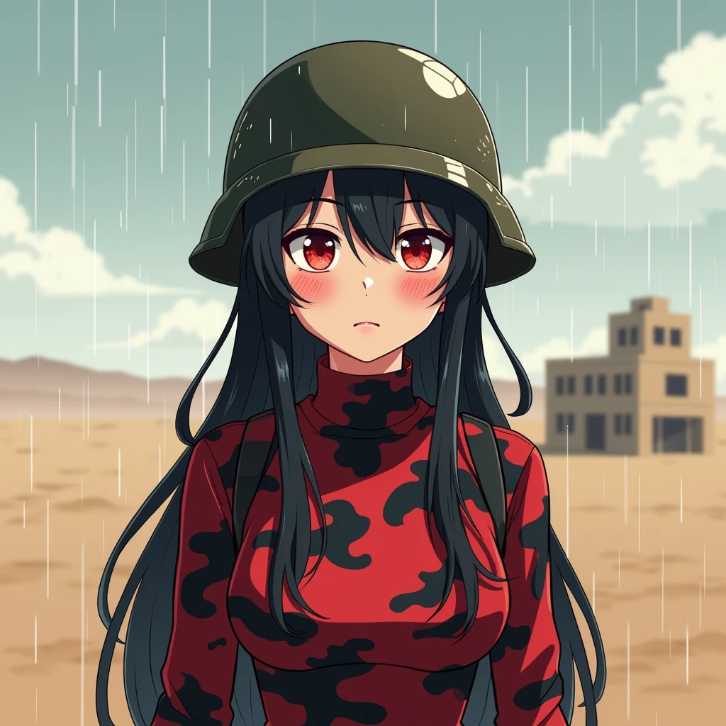 Girl, army soldier, army helmet, red and black camouflage, Long Black Hair, Red Iris, Military Outfit, shy smile, rainy day, empty desert, base in background, anime