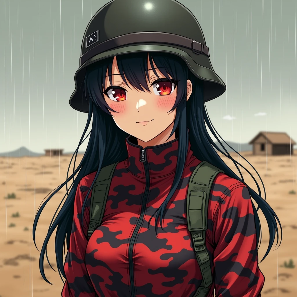 Girl, army soldier, army helmet, red and black camouflage, Long Black Hair, Red Iris, Military Outfit, shy smile, rainy day, empty desert, base in background, anime