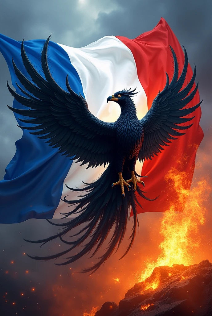 White blue and red flag with a black phoenix