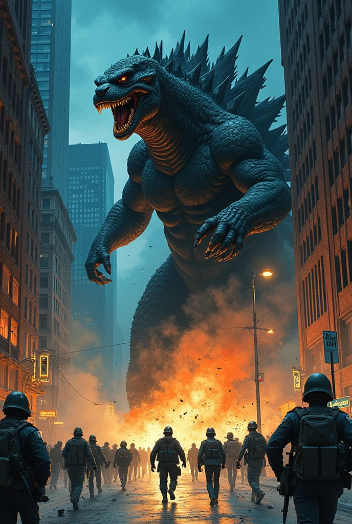 80's monster movie posters、An illustration、A monster coming at us at breakneck speed、Several people running away々、I'm in a panic、Every detail was drawn with brush and paint.,huge,Realistic monsters、Godzilla-like、Focus on the monsters、City、Collapsing high rise building、destruction,Manhattan at night,A person running away from a monster at full speed々US troops fighting