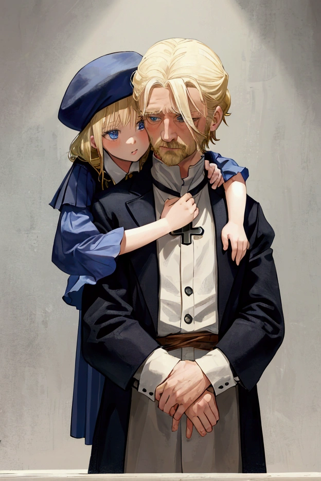 A girl of about 6 years old with blonde hair and blue eyes is hugged by an old man.. He surrounds her with his arms and in the center between his hands he has a cross.. The characters are the protagonists Cosette and Jean Valjean from the book Les Misérables.