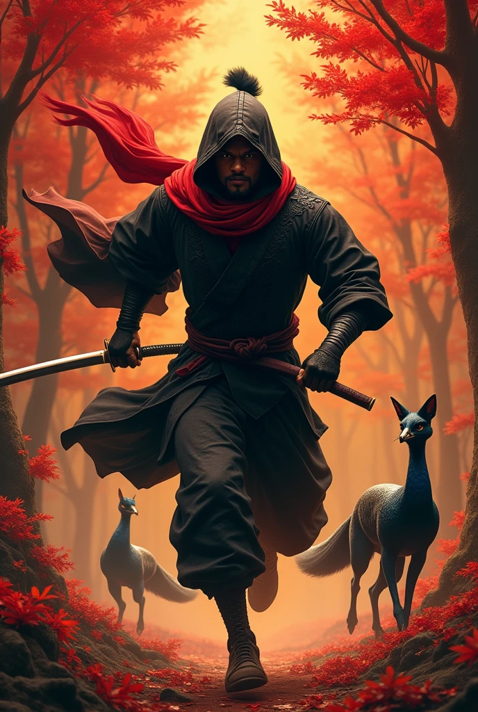 Black man. Forest of trees with red leaves. Holding a kitana. Wearing a robe and have a red scarf on fire. In a black ninja suite. Giants black snake with red fangs. Wearing a Demon mask and illusions of monsters. Black fox with seven red tail. Black peacock with red features . Running. Burning forest