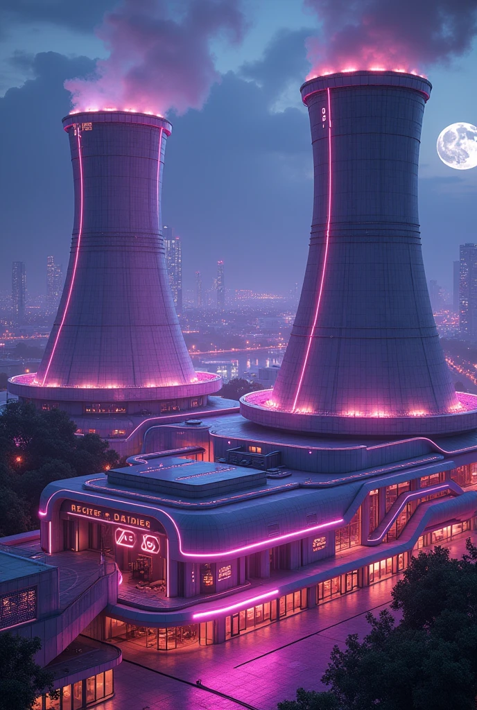 Mechanical nuclear power plant, Cooling Tower, Special symbols，white and purple， Neon lights标志, Neon lights, Aerial View ,Art Deco Design，streamline moderne，Futuristic architecture, abstract，modern style，Night view， Futuristic decorative elements，Metal，Number Line，sci-fi lamp，Unreal Engine，Unreal Rendering,