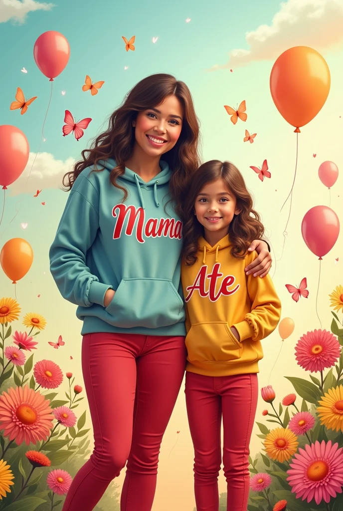 Real Pinay women beautiful with hoodies red pants shoes printed name "mama" and daughter girl  with hoodies red pants shoes printed name "Ate" with flowers baloons butterflies standing 