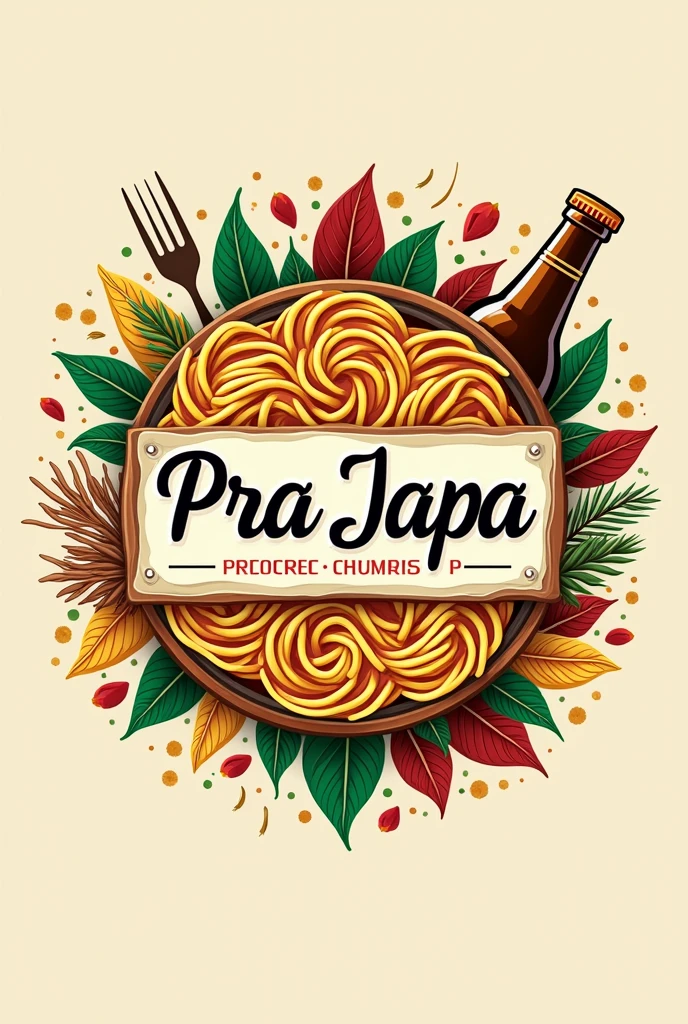 create a logo for a restaurant with oriental characteristics, Italian pasta dough, Indian spices, Brazilian family, store name written "PraJapa" and bottle of beer