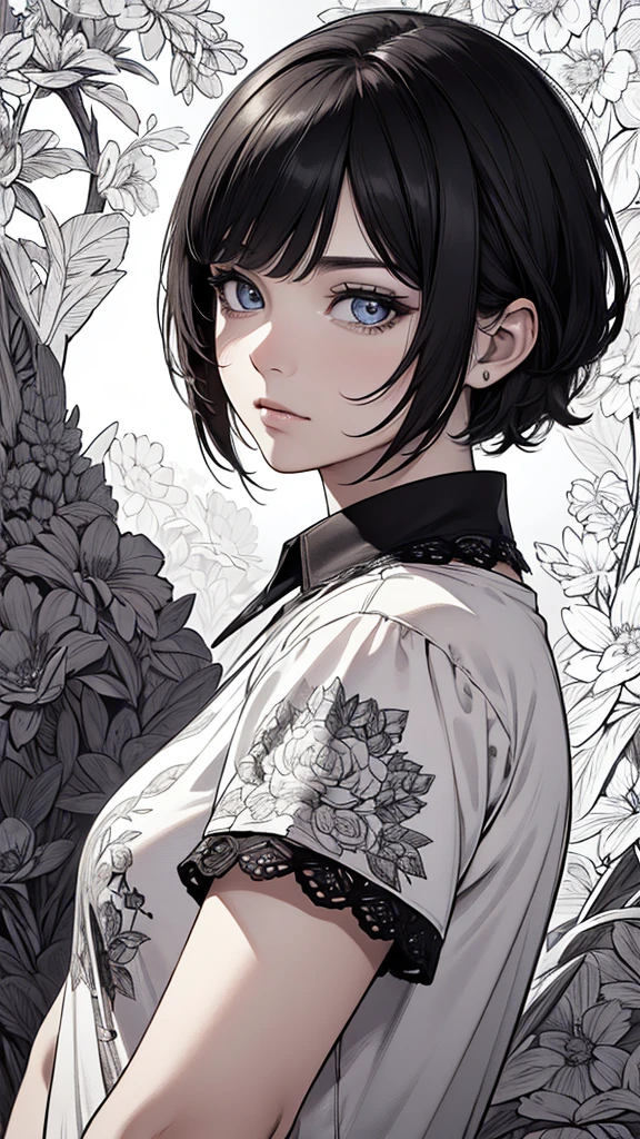 (hyperrealistic), (8K), (extremely detailed), (best illustration), (beautiful detailed eyes), (best quality), (ultra-detailed), (masterpiece), (wallpaper), (detailed face), solo, (t-shirt:1.1), looking at the audience, exquisite details, short hair, black hair, closed mouth, bangs,